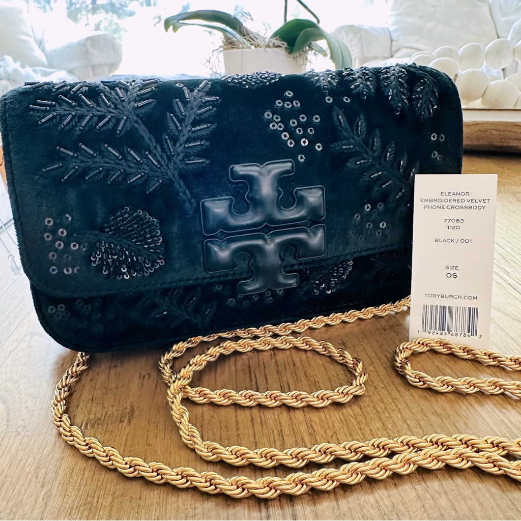 Tory Burch Black Embroidered Velvet Crossbody With Gold Chain Strap